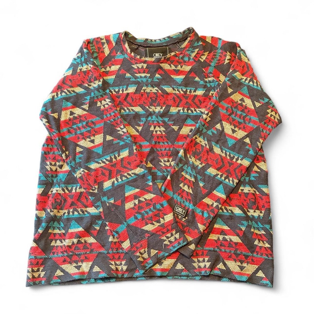 Obey Propaganda Mens Aztec Geometric All Over Print Knit Crewneck Sweater Large